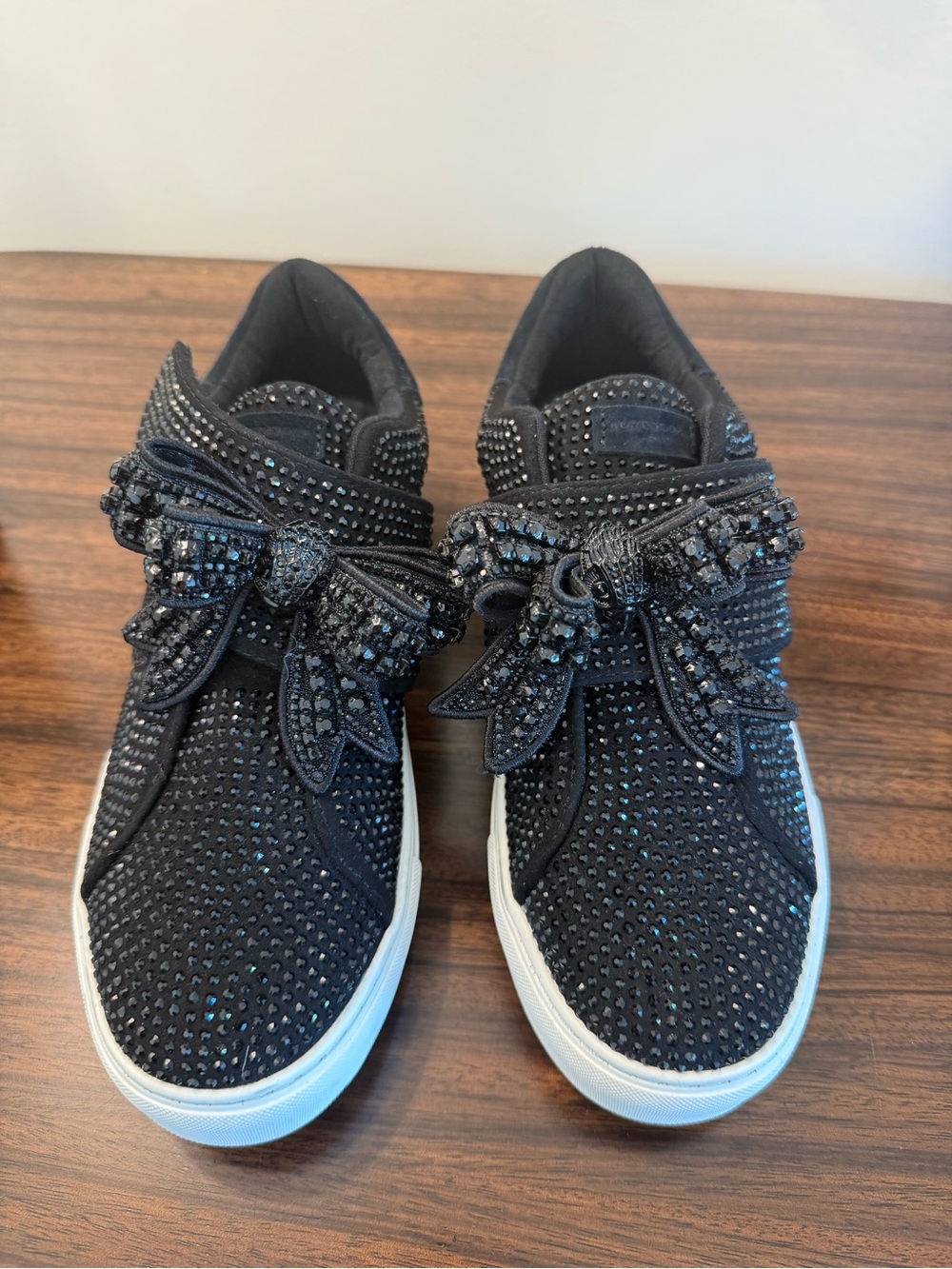 Kurt Geiger Black Crystal Bow Slip-On Sneakers with White Sole